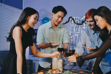 Diversity, dinner and group of people toast celebration together at party. Friends, happy and celebrate with food, wine and friendship for love, support and cheers champagne at business function