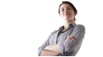 Confident businesswoman looking down with arms crossed isolated on transparent background.