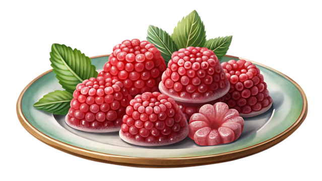 A serving of raspberryshaped jellies or candies arranged on a plate with green mint leaves, showcasing a playful and sweet treat, isolated on a transparent background