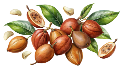 A cluster of loquats on branches with green leaves and some scattered seeds, isolated on a transparent background