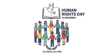 Celebrate Human Rights Day with a Diverse Group of People Standing Together for Equality and Freedom, Symbolized by a Dove and Open Book, Perfect for Social Justice Campaigns