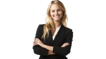 Confident young blonde businesswoman smiling with arms crossed isolated on transparent background.