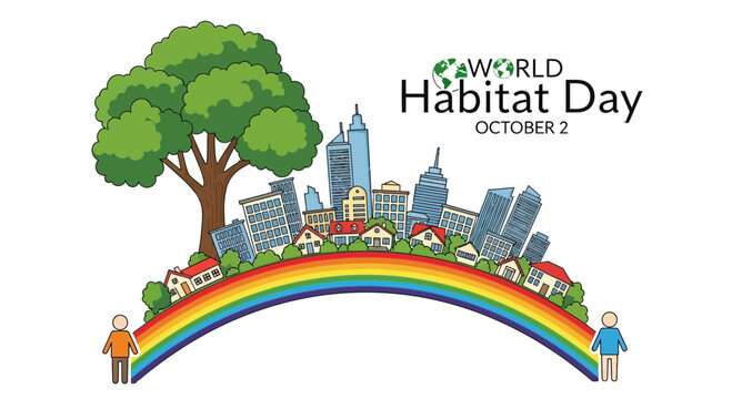 Celebrate World Habitat Day with Vibrant Cityscape and Rainbow Bridge Promoting Sustainable Urban Living and Community Harmony, Ideal for Eco-Friendly Initiatives and Environmental Awareness Campaigns