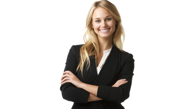 Confident young blonde businesswoman smiling with arms crossed isolated on transparent background.