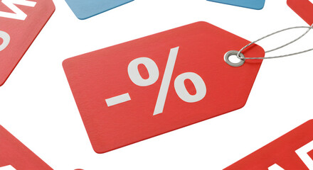 Red textured tags float, showing sale percentage. Use for product photography, marketing materials, social media promotion.