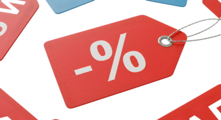 Red textured tags float, showing sale percentage. Use for product photography, marketing materials, social media promotion.