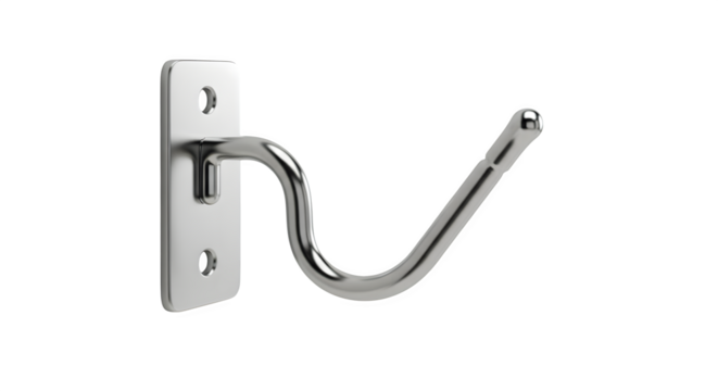 Silver metal hook is isolated on black. Studio lighting creates sleek surface for product showcase.