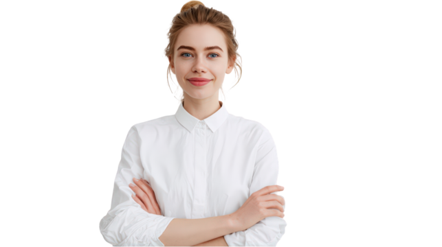 Confident Young Businesswoman with Arms Crossed in White Shirt isolated on transparent background. - Powered by Adobe