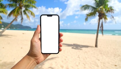 Hand holding smartphone with blank screen on tropical beach (1)