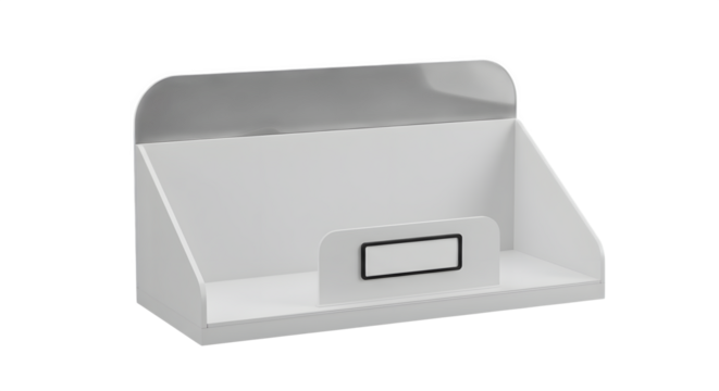 White product display stands, features sign holder. Ideal for product staging, retail mockups, and store branding.