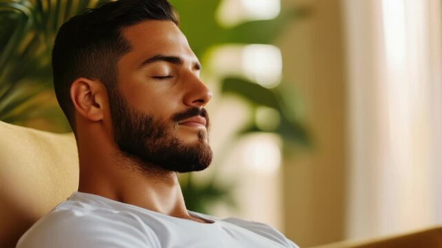 Man with beard and mustache lying on back, eyes closed, exhaling deeply.