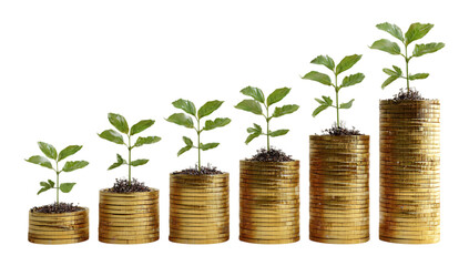 Coins with Green Sprouts Growing in Rows Symbolizing Money Investment Growth