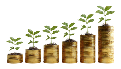 Coins with Green Sprouts Growing in Rows Symbolizing Money Investment Growth