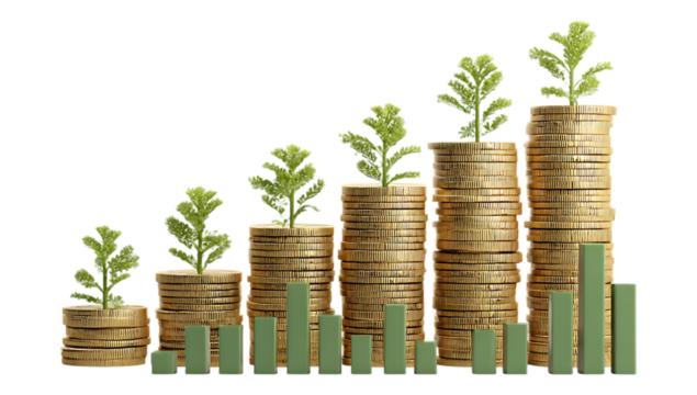 Gold Coins with Growing Plants Concept of Eco-Friendly Financial Success