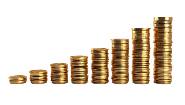 Gold Coins with Plants Growing on Top Isolated PNG Symbolizing Investment Growth - Powered by Adobe