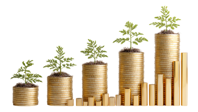 Gold Coins with Growing Plants Symbolizing Investment Growth Isolated on White