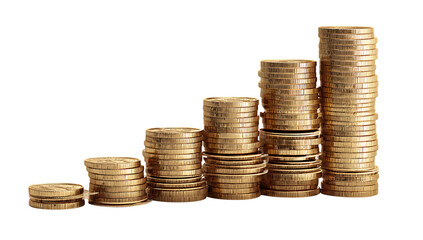 Gold Coins in Upward Growth Graph Shape Isolated on White Background