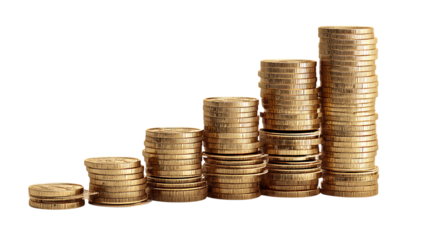 Gold Coins in Upward Growth Graph Shape Isolated on White Background
