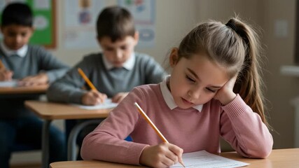 Student left out during classroom activity, elementary school girl feeling excluded while writing test or homework, childhood education and social emotion concept - Powered by Adobe