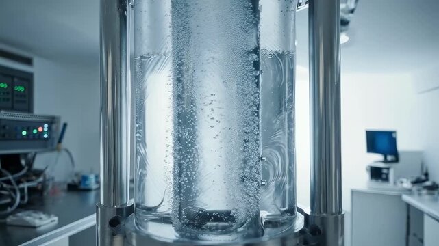Scientific bioreactor producing bubbles inside a transparent liquid, showcasing an innovative fermentation process in a clean, modern, and high tech biotechnology laboratory for research