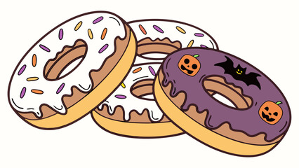 Halloween donuts with colorful glaze and lovely decorations showcasing festive themes. Halloween treats feature white frosting, sprinkles, and purple glaze with spooky designs of bats and pumpkins.