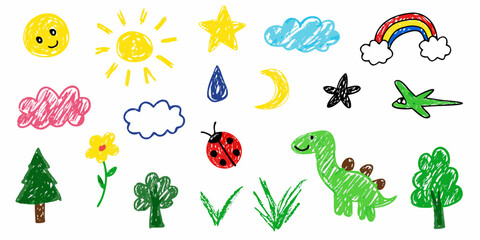 Collection of cute hand drawn crayon style illustrations for children including sun moon stars clouds rainbow dinosaur ladybug trees and flowers