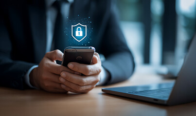 Businessman using smartphone to mobilize security with AI protection concept isolated transparent background