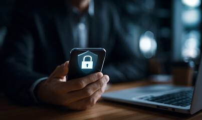 Businessman using smartphone to mobilize security with futuristic data interface isolated object