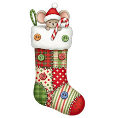 A festive Christmas stocking adorned with patches and a whimsical mouse, evokes feelings of warmth and holiday spirit, a visual feast of textures, colors, and holiday cheer.
