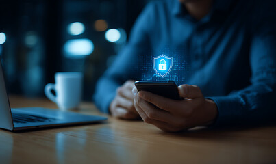 Businessman using smartphone to mobilize security with modern network system isolated PNG