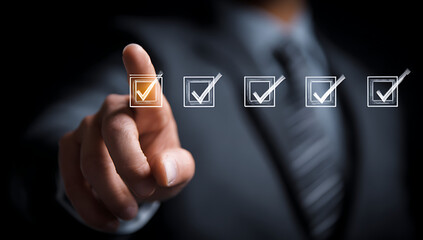 Businessman’s Hand Pointing to Checkmark on Virtual Interface Isolated PNG