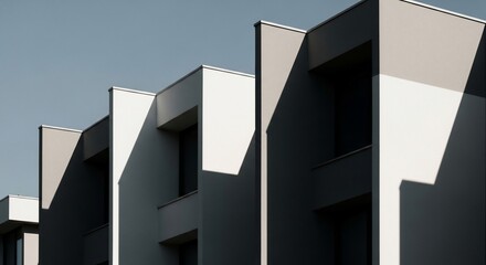 Fototapeta premium Modern Architecture in Daylight: A series of sleek, contemporary buildings stand proudly against the clear, sunlit sky, showcasing clean lines and architectural precision.