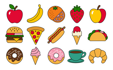 Vibrant collection of cartoon food icons for digital and print projects