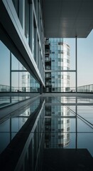 Fototapeta premium Modern Architectural Symmetry: A sleek, modern building showcases a captivating interplay of clean lines, glass, and reflections, offering a minimalist aesthetic and geometric beauty.