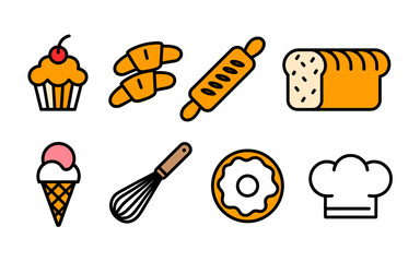 Simple minimalist baking icons set featuring pastries and tools for design