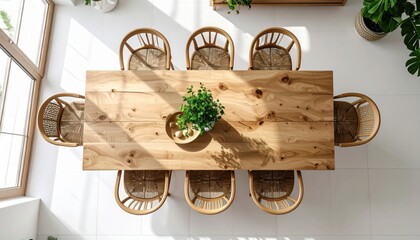 Overhead shot displays a wooden dining table illuminated by natural light, surrounded by six woven chairs, with a plant centerpiece and decorative elements, creating a bright and inviting atmosphere.