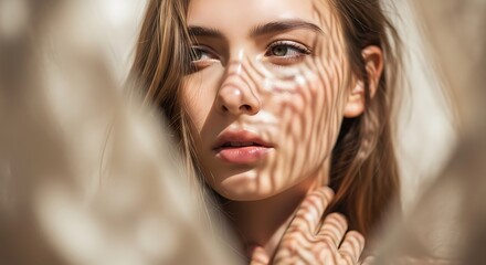 Young Woman With Natural Sunlight Shadows On Her Face Mysterious Looking Portrait Beauty And Lifestyle Concept
