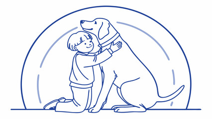Obraz premium Child Embraces Dog in a Heartwarming Scene, Outdoor Setting, Illustration, Joyful Environment, Playful Concept