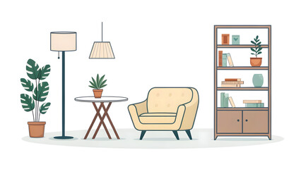 Minimal Household Items Game Asset Pack on White Background lamp, chair, table, sofa, plant pot, bookshelf &ndash; clean flat design, soft shadows