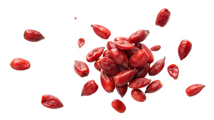 Pile of goji berries with scattered berries falling in the air, isolated on transparent background