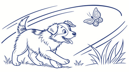 Obraz premium Playful Puppy Chasing Butterfly in Nature - Illustrated Cartoon Scene