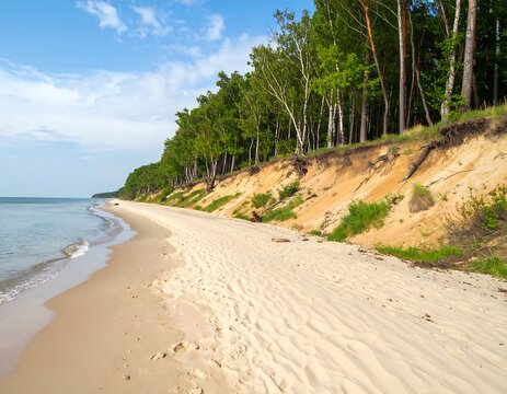 Coastal beach with a sand dune and forest.  A pristine sandy beach stretches towards a line of trees on a dune.  Ocean waves gently lap at the shore.  Bright blue sky with some clouds