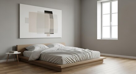 Minimalist bedroom interior with natural light and abstract art.
