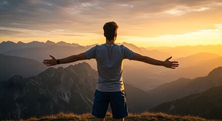 Fototapeta premium A man stands on a mountain peak, arms outstretched, facing a stunning sunset. Golden light illuminates distant ranges, evoking freedom and triumph.