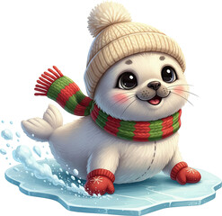 Cute cartoon baby seal sliding on ice. Happy winter animal character in a hat and scarf playing in the snow for Christmas, isolated on white.