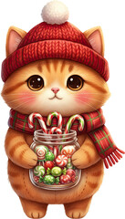 Cute cartoon cat in a winter hat holding a jar of Christmas candy. Adorable ginger kitten with sweets for holiday greeting cards, isolated.