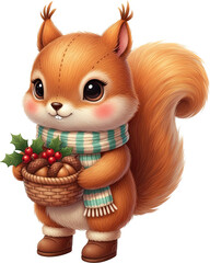 Cute Winter Squirrel with a Basket of Acorns and Holly
