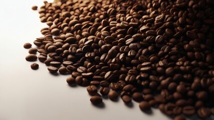 Obraz premium Roasted coffee beans in mid-air above a pile, capturing motion and freshness.
