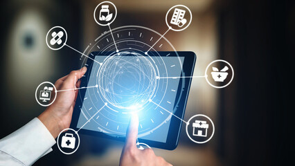 Online pharmacy icons showing medicine, healthcare, prescription and medical services with digital pharmacy, online drugstore, telemedicine and modern pharmaceutical solutions. Gist