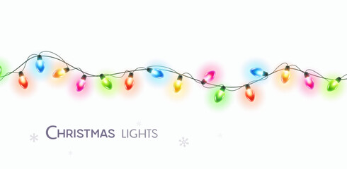 Lights bulbs isolated on white background. Glowing colorful Christmas garland string. Vector New Year party led lamps decoration